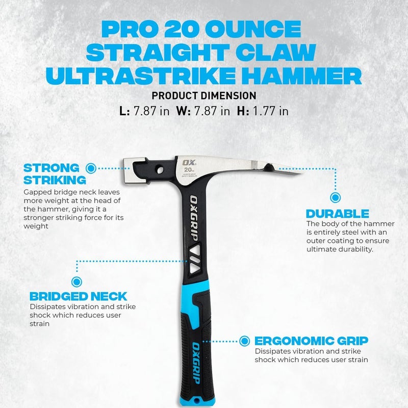 Ox Pro 20-Ounce Ultrastrike Brick Hammer Robust Striking Power, Vibration Dampening Bridged Neck, Ultimate Durability with One Piece Steel Handle, Ergonomic Non-Slip Grip, and Enhanced Safety Features - Image 3